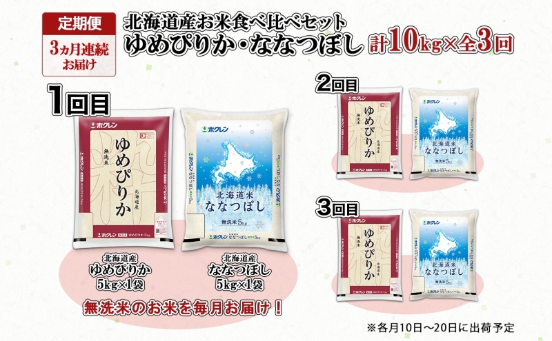 定期便 3ヵ月連続3回 北海道産 ゆめぴりか ななつぼし 食べ比べ セット 無洗米 5kg 各1袋 計10kg 米 特A 白米 お取り寄せ ごはん ブランド米 ようてい農業協同組合 ホクレン 送料無料