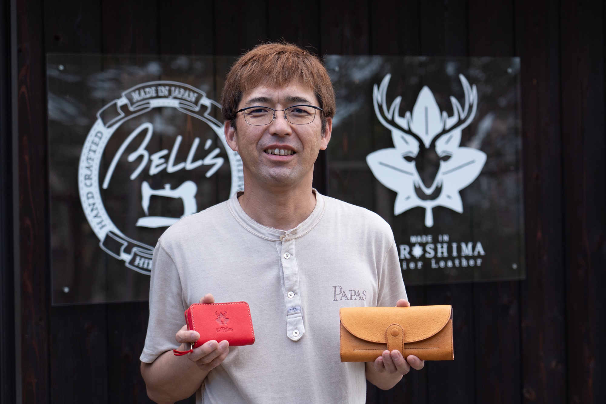 市政50周年　広島ジビエレザー　東広島産天然鹿革　ミニマム財布　お札もカードも小銭もオールインタイプ　【03レッド】