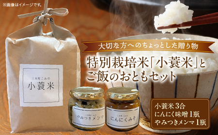 特別栽培米「小蓑米」と ご飯のおとも（にんにく味噌とやみつきメンマセット） | お米 ご飯 ごはん 白米 にんにく 味噌 メンマ お供 朝ごはん 香川県 三木町 プレゼント 贈り物 国産 ブランド米 |_mk156-001