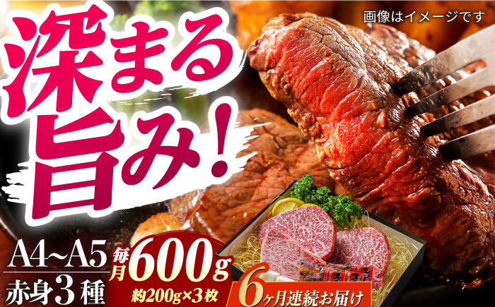 
            【6回定期便】ステーキ 【A4-A5】長崎和牛 赤身ステーキ3枚 （約200g×3枚） 長与町/meat shop FUKU [ECS055]ステーキ すてーき 国産 冷凍 牛肉 赤身 セット すてーき ステーキ ステーキ肉 a4 a5 3枚 定期便 定期
          