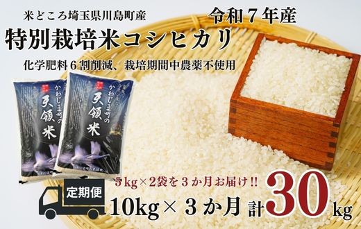 
                  定期便3か月【令和7年度産　特別栽培米】埼玉県かわじま町　天領米（コシヒカリ） 5kg×２袋　計30kg
                