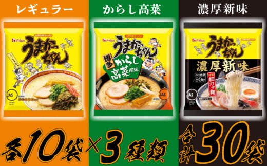 うまかっちゃんセット 30食(3種類×各10食) [M244P1-5] ラーメン 豚骨 インスタント 乾麺 即席麺 拉麺 保存食 九州 濃厚新味 高菜