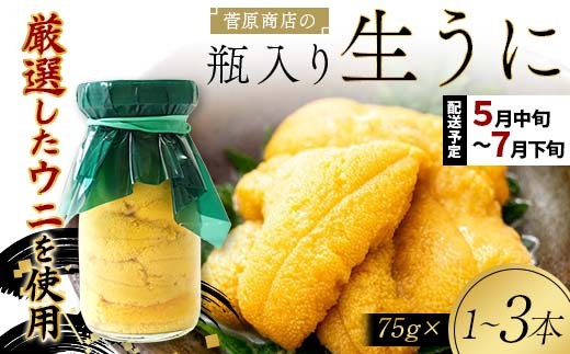 
                  【うれしい食べきりサイズ75g】 牛乳瓶入り生うに【2027年先行予約】 菅原商店 生うに 75g 1～3本 国産 三陸山田 岩手県 山田町 三陸 旬 うに 牛乳瓶 無添加 ウニ 雲丹 うに丼 無添加ウニ キタムラサキウニ 特選 ミョウバン不使用
                