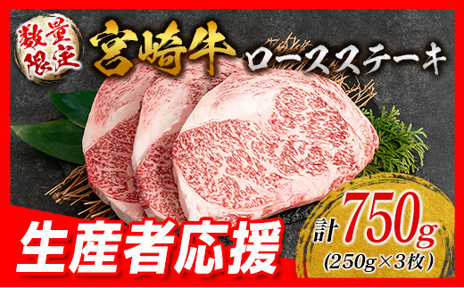 生産者応援 数量限定 宮崎牛 ロース ステーキ 3枚 牛肉 ビーフ 黒毛和牛 国産 ブランド牛 食品 おかず ディナー 人気 おすすめ 鉄板焼き 高級 贅沢 上質 ご褒美 お祝 記念日 イベント グルメ 枚数が選べる 宮崎県 日南市 送料無料_DB26-24