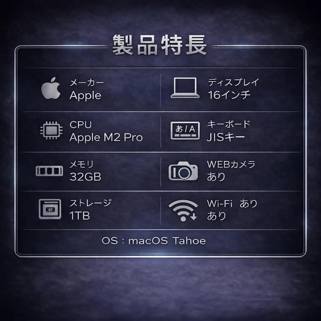 【厳選整備済｜法人リースアップ品】MacBook Pro 16インチ M2 Pro/ 32GB / 1TB｜★美品・動作確認済｜★化粧箱付き【現品限り】｜930-01