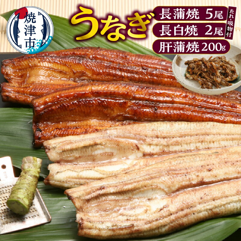【ふるさと納税】 うなぎ 国産 たれ付き 山椒付き 長蒲焼 120g×5尾 長白焼 110g×2 肝蒲焼 100g×2 吸物×7 セット おかず 冷凍 焼津 a44-006
