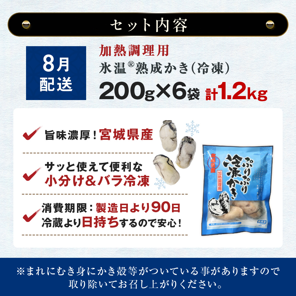 【8月配送】加熱用 牡蠣 むき身 宮城県産 氷温熟成かき 200g × 6袋 小分け 1.2kg 冷凍かき バラバラ冷凍 配送月が選べる まるたか水産 石巻市