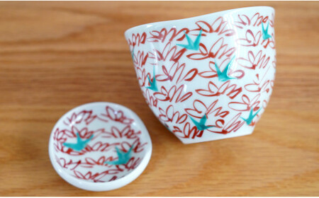 A10-208 有田焼 ゆらり和カップ＆豆皿セット/赤絵風花【藍土】