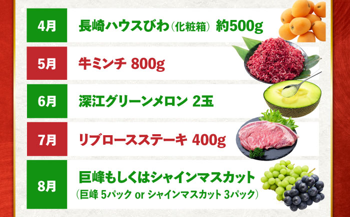 【6回定期便】長崎和牛と旬のフルーツが楽しめる バラエティ定期便 / フルーツ定期便 果物定期便 肉定期便 牛肉 びわ メロン ぶどう みかん / 南島原市 / 贅沢宝庫 [SDZ055]