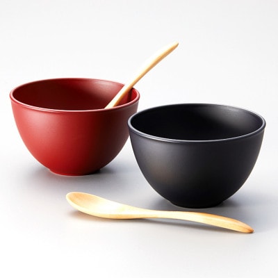 越前塗 和洋ボウルペア スプーンセット 吟朱・黒 φ11.2×6.8cm 食洗機・レンジ対応【1337776】