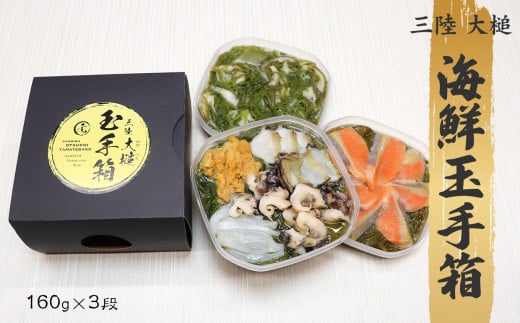 【ご贈答】三陸 玉手箱 約480g (160g前後×3段) おせち 人気｜冷凍 小分け 食べきり 化粧箱 熨斗 のし お取り寄せ ギフト 海宝 味付 漬 海鮮丼 どんぶり ドン 岩手 いわて iwate