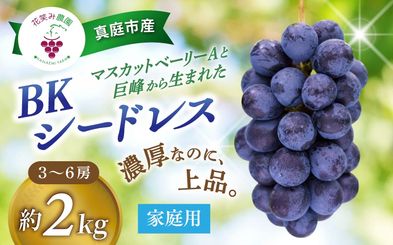 【2027年先行予約】 岡山 花笑み農園の『BKシードレス』家庭用2kg（3～6房） 2027年9月中旬～ 受付順に発送予定 【hana029-03】