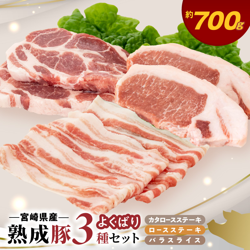 宮崎県産熟成豚 よくばり3種セットA-2（ステーキ2種 各2個/スライス1個）N0105-YA6607 ステーキ2種 各2個/スライス1個