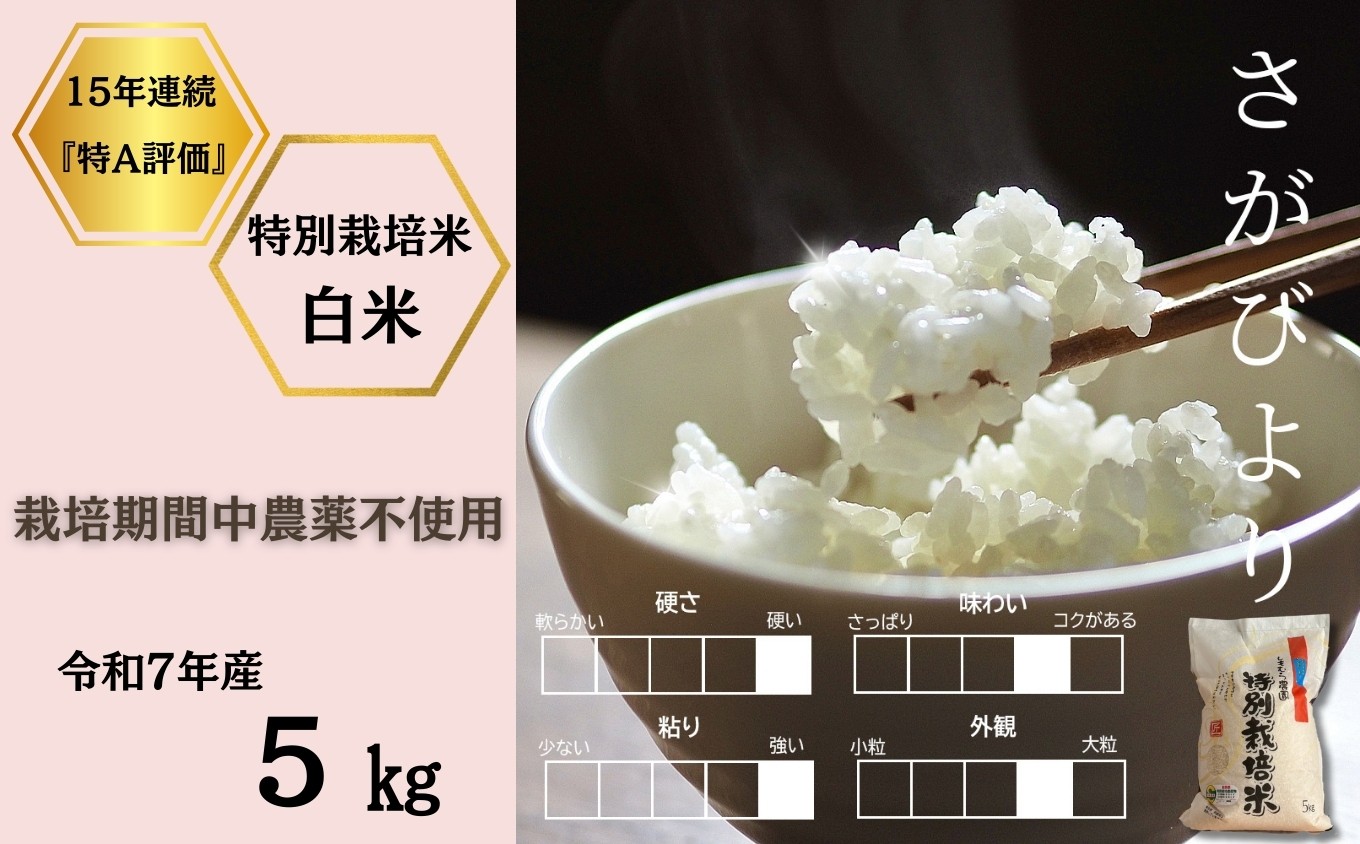 
                  ＜令和7年産＞佐賀県産特別栽培米さがびより 白米5kg（栽培期間中農薬不使用） / 佐賀県 /株式会社しもむら農園  [41AHAH001]
                