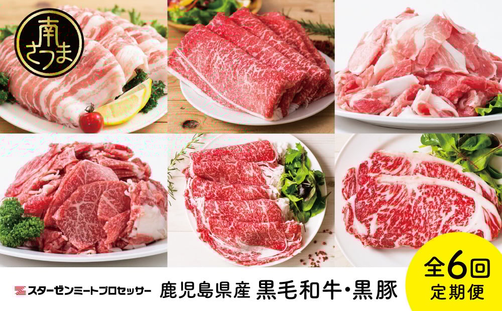 
【スターゼン厳選定期便】鹿児島県産 黒毛和牛・黒豚定期便 （全6回） サーロイン ステーキ 切り落とし しゃぶしゃぶ 焼肉 すき焼き ローススライス 定期便 冷凍 スターゼン 南さつま市

