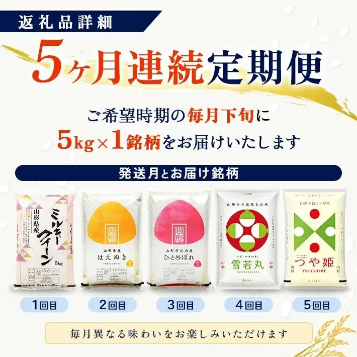 (12月～4月) ≪新米予約≫ ≪5ヶ月定期便≫ 精米 5銘柄食べ比べセット 各5kg 5ヶ月連続 計25kg 令和8年産 ミルキークイーン はえぬき ひとめぼれ 雪若丸 つや姫 山形県産 毎月下旬に
