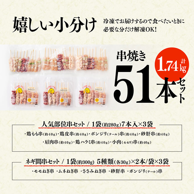 【令和7年7月発送分】 宮崎県産若鶏 やきとり 人気部位串セット＆ネギまセット 計51本 【肉 鶏肉 国産 九州産 宮崎県産 若鶏 焼鳥 やきとり BBQ バーベキュー】