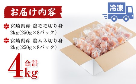 宮崎県産若鶏 モモ・ムネ切り身 鶏肉小分けパック 合計4kg(250g×各8パック)