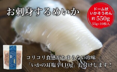 【道水】お刺身するめいか 業務用パック550g（55g×10枚入）いか耳塩辛110g付き 北海道直送 【 ふるさと納税 人気 おすすめ ランキング いか お造り お刺身 鮮度抜群 冷凍 いかそうめん イカソーメン 甘い お得 いか納豆 黄金いか いか明太子 いくら和え おつまみ おかず 海鮮 おいしい 新鮮 たっぷり 北海道 北斗市 送料無料 】 HOKD028