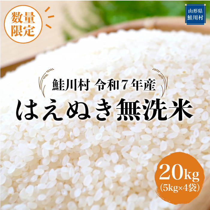 ◇数量限定品◇ ＜令和7年産＞ はえぬき 【無洗米】 20kg （5kg×4袋）鮭川村 《配送時期指定可》