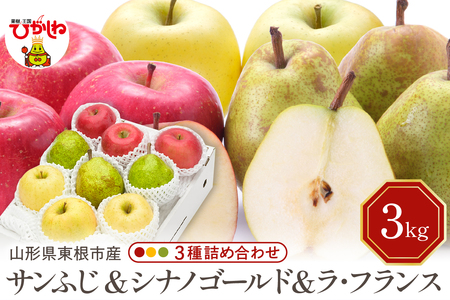 【2026年産】サンふじ&シナノゴールド＆ラフランス 詰め合わせ 3kg 秀品 化粧箱入り 山形県 東根市 東根農産センター提供 hi027-212-r8 （リンゴ 林檎 サンふじ シナノゴールド 梨 なし ナシ 西洋梨 有りの実 詰め合わせ セット アップル フルーツ 果物 くだもの クダモノ 秋 旬 お試し お取り寄せ 産地直送 ご当地 特産 グルメ 送料無料 東北 山形県 東根市 人気 ふるさと納税）
