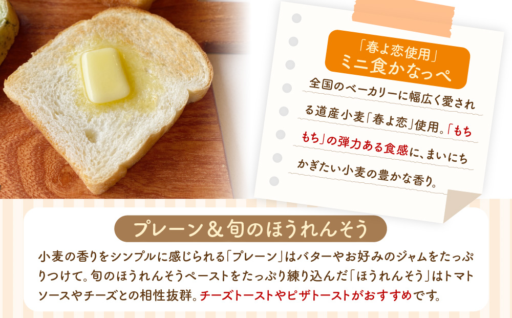 北海道 ミニ食かなっぺ 2種 セット プレーン 4個 ほうれん草 2個 北海道産 小麦 春よ恋 食パン パン トースト カナッペ 手作り 自家製 焼きたて 酵母 ベーカリー 朝食 手軽 冷凍 お取り寄