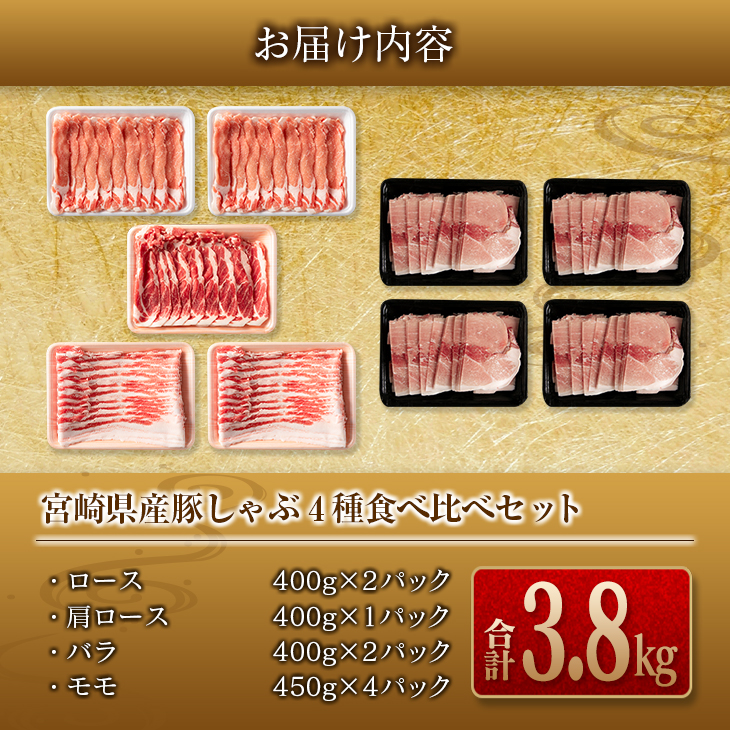 CA46-23_数量限定 豚しゃぶ 4種 食べ比べ セット 合計3.8kg 豚肉 ポーク 国産 食品 豚ロース 豚肩ロース 豚バラ 豚モモ しゃぶしゃぶ 個包装 おかず おすすめ 日南市 送料無料_イ