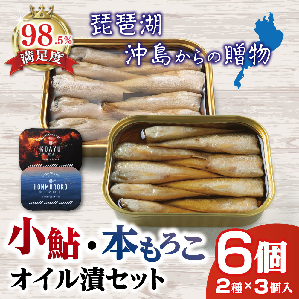 【ふるさと納税】びわ湖産 本もろこオイル漬（105g×3）・びわ湖産 こあゆオイル漬（105g×3） 缶詰6個セット 【琵琶湖 沖島からの贈物】琵琶湖 湖魚 もろこ こあゆ 奥村佃煮
