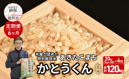 《定期便6ヶ月》【令和7年産】【玄米】特別栽培米 秋田県産 あきたこまち 米屋が認めたお米 「かとうくん」20kg（5kg×4袋）×6回 合計120kg
