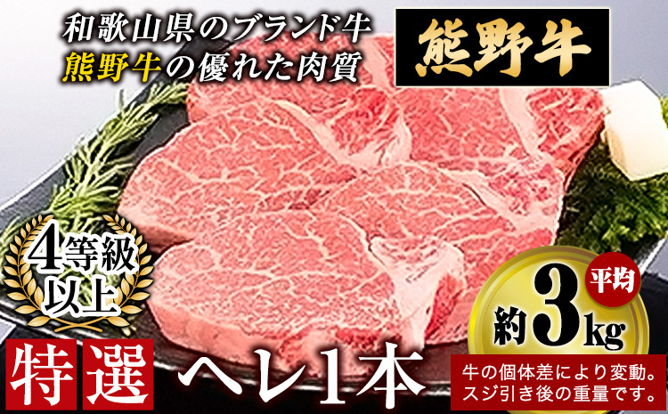 
「熊野牛」 特選ヘレ 4等級以上 一本(二分割) あるいは 2cmカット(端切り落とし) 株式会社松源《30日以内に出荷予定(土日祝除く)》和歌山県 岩出市
