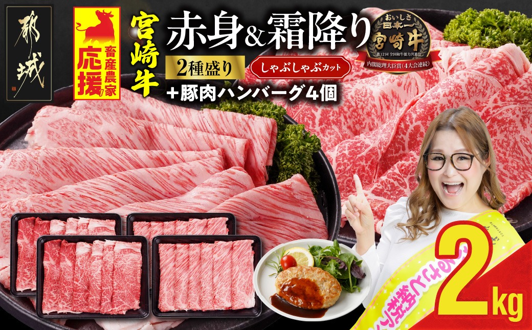  畜産農家応援! 宮崎牛しゃぶしゃぶ2種セット500g×4パック+豚肉ハンバーグ100g×4個_32-N203-ESH