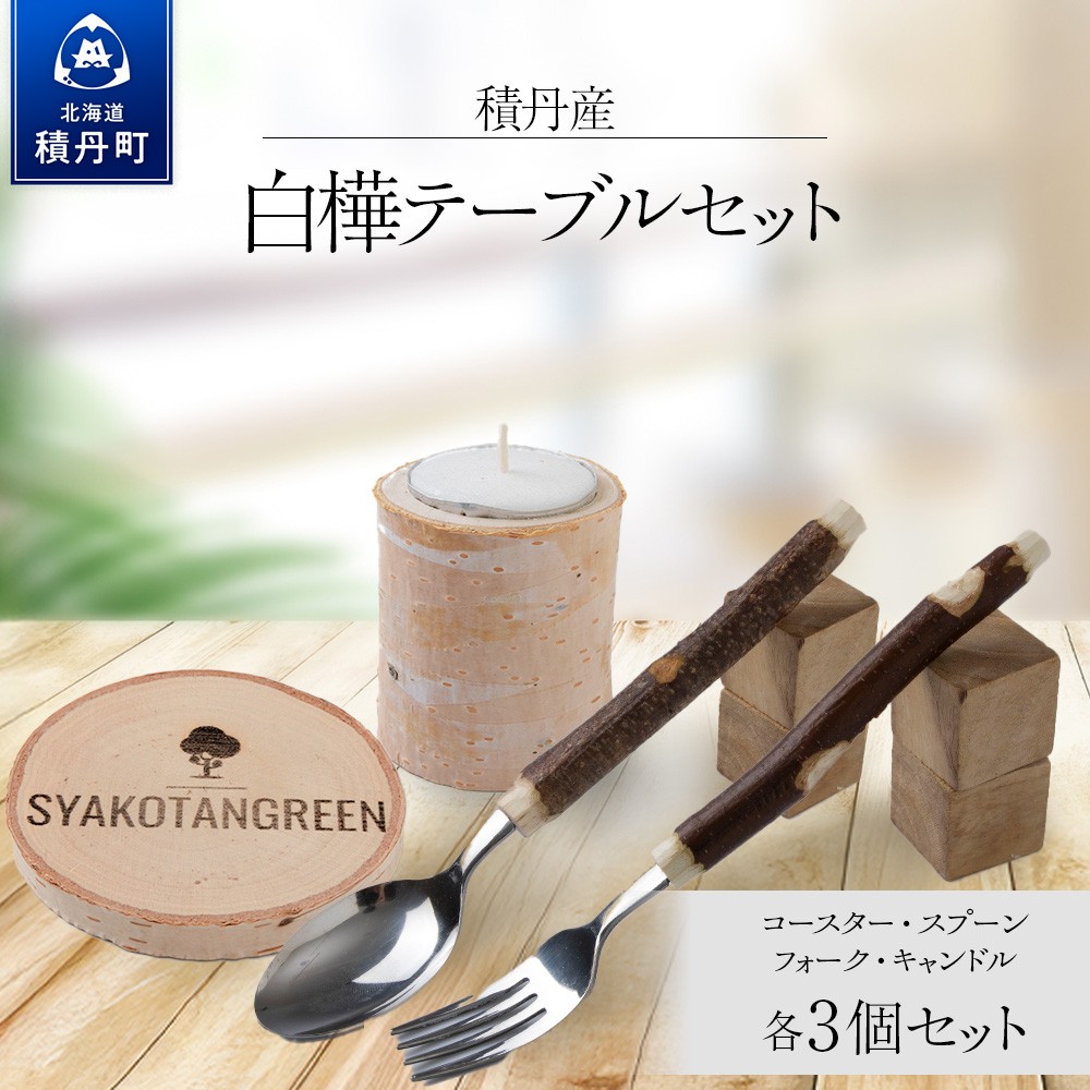 
            ≪数量限定≫積丹【白樺テーブルセット / スプーン / フォーク / コースター / キャンドル （各3）】北海道 森林保持
          