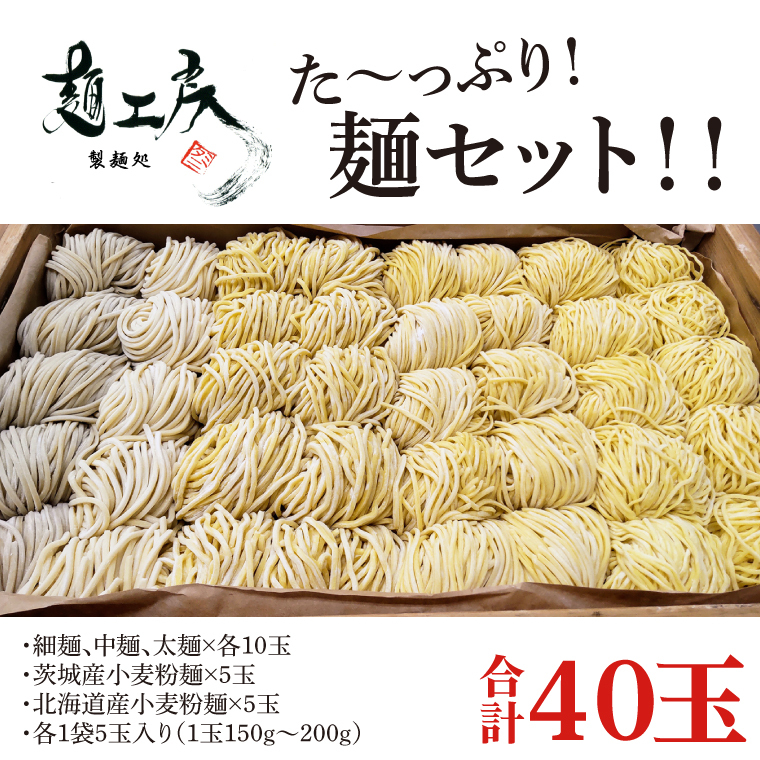 た～っぷり！麺セット！！細麺 麺 太麺×各10玉 茨城産小麦粉麺×5玉 北海道産小麦粉麺×5玉 計40玉（1袋5玉入り×８袋）(HS-2)