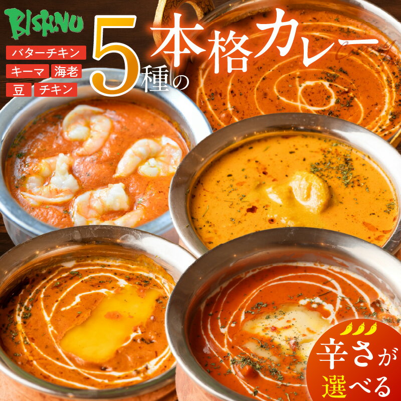 【ふるさと納税】ビスヌ 本格 カレー 5種 バターチキン 豆 海老 チキン キーマ 各 1個 選べる 辛さ マイルド 中辛 辛口 インドカレー スパイス こだわり インド 直輸入 Aランク できたて 冷凍 真空パック お取り寄せ 福岡県 久留米市 送料無料