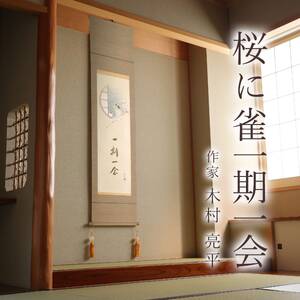 掛け軸「桜に雀一期一会」 木村亮平 半切立 サイズ：47×190cm 桐箱付 掛け軸 和室 おしゃれ 日本画 表装 床の間