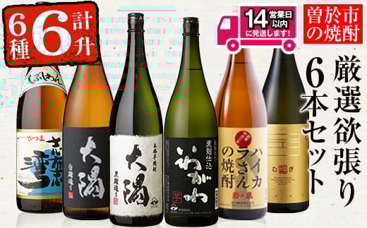 ＜2週間以内発送！＞【期間限定！粉末緑茶6包付き！】曽於市の焼酎満足6本セット(6種各1800ml：大隅黒麹・白麹 志布志湾 いわがわ ハイカラさん 邑麦) 芋焼酎 麦焼酎 飲み比べ【山元商店】B105-v02