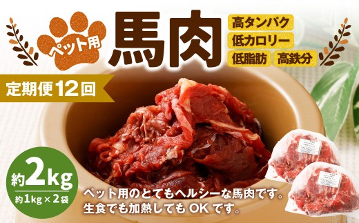 【12回定期便】ペット用馬肉 約2kg（約1kg×2袋） 合計約24kg ペットフード 馬 肉 高タンパク 低カロリー