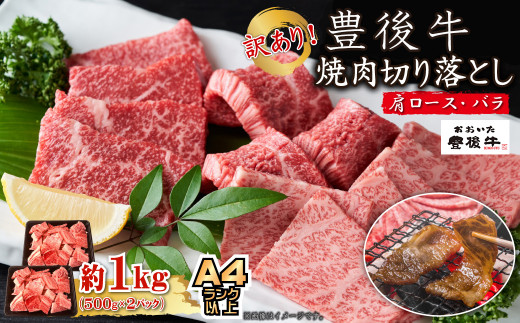 訳あり！【A4～A5】豊後牛焼肉切り落とし(肩ロース・バラ) 1kg(500g×2p)　D24