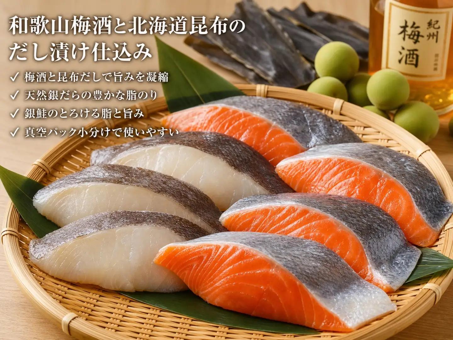 和歌山魚鶴仕込みのだし漬け天然銀だら切身6切＆銀鮭切身6切　（真空パック入）  小分け / 銀鱈 さけ  だし 魚 切り身 切身 魚 海鮮 焼き魚 ご飯のおとも おかず【uot851A】