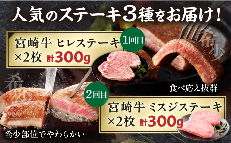 【定期便全3回】宮崎牛ステーキ食べ比べコース