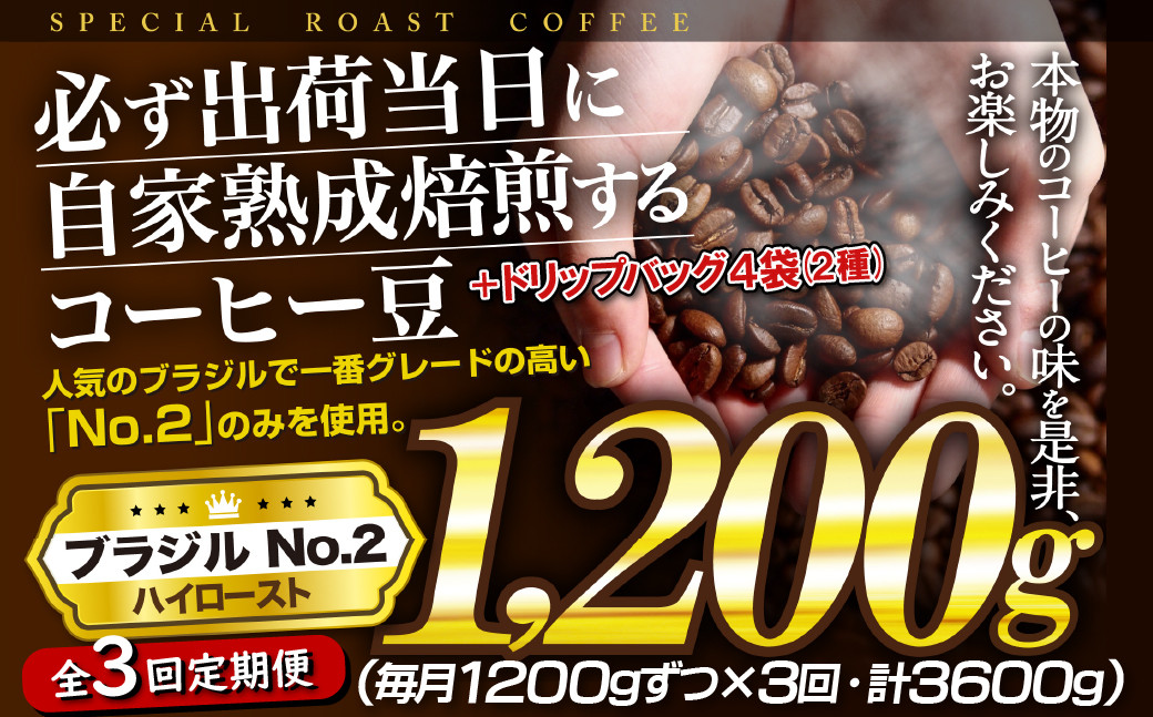 
E429d 《定期便》【ドリップバッグ付！】必ず出荷日に自家熟成焙煎ブラジルNo.2豆(1.2kg)＋ドリップバッグ4パック【3回お届け】ブラジル豆の最高グレード J.C.Q.A認定コーヒーインストラクター1級のこだわり コーヒー本来の味を楽しめるハイロースト【SASEBO Coffee TOMINAGA】30000円 人気 新鮮 挽きたて 大容量

