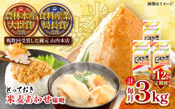 
            【全12回定期便】とっておき米麦あわせ 3kg / 味噌 みそ 菊陽町 発酵 食品 みそしる 国産 味噌汁 こめ むぎ みそ汁 あわせみそ 大豆 熊本県 調理 料理 おかず【株式会社山内本店】 [BHAE014]
          