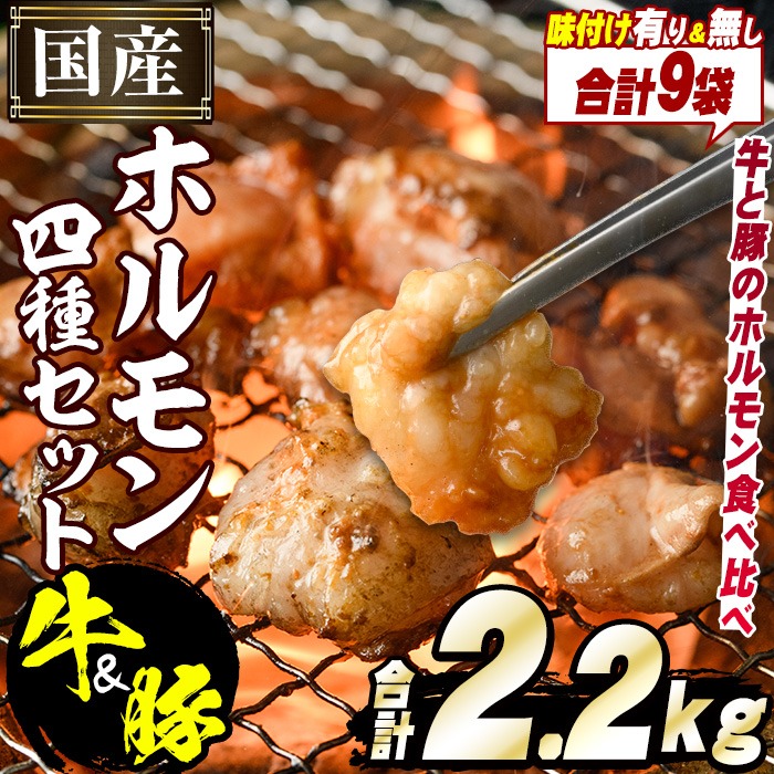 ＼テレビで紹介されました！／国産！牛×豚ホルモン食べ比べ4種セット(合計2.2kg)  阿久根市 国産 特産品 小腸 味付 パック 詰め合わせ 詰合せ 炒め物 鍋 モツ おかず お弁当 小分け 個包装 焼肉【スターゼン】akn031-02