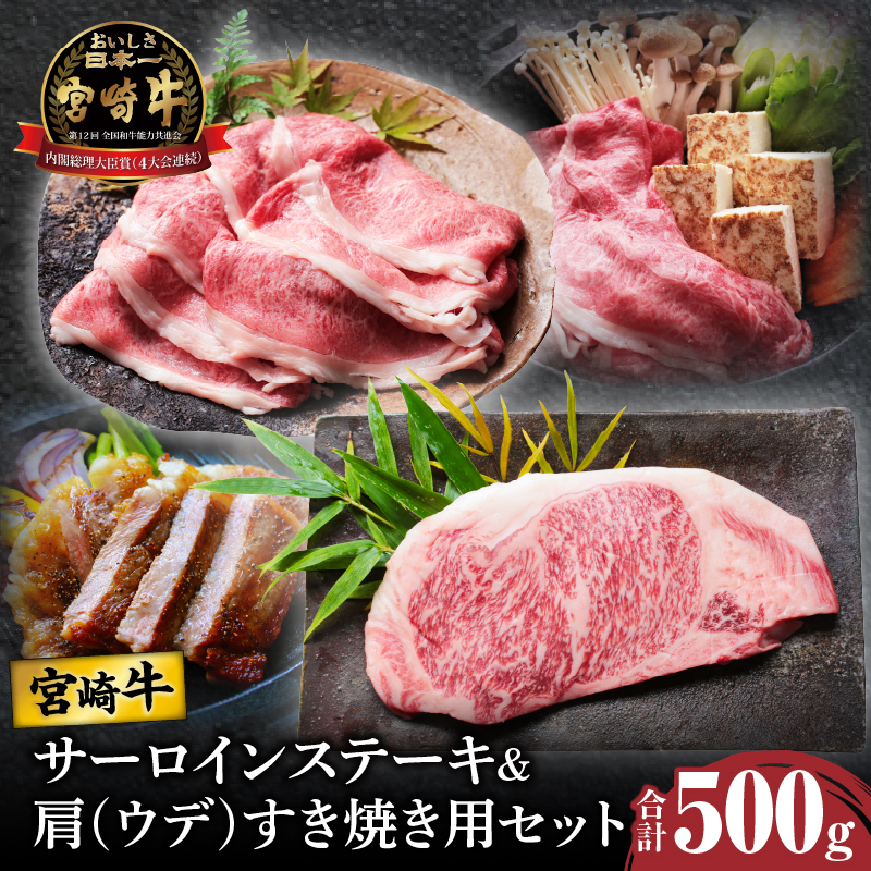 宮崎牛サーロインステーキ&肩(ウデ)すき焼き用セット合計500g_T009-003【肉 牛 牛肉 焼肉 国産 人気 ギフト 食品 おかず お肉 焼き肉 お土産 贈り物 送料無料 プレゼント】