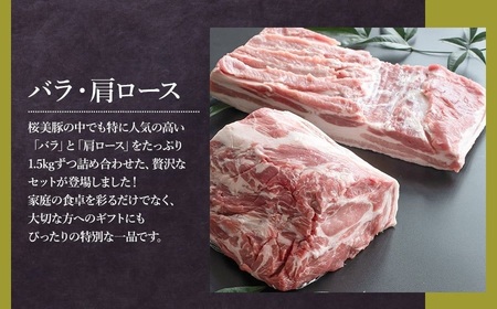鶴岡産三元豚「桜美豚」バラブロック・肩ロースブロックセット　各約1.5kg（計約3kg）　K-7105　豚肉　長南牛肉店