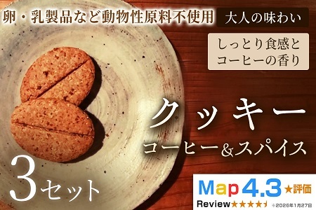 クッキー「コーヒー＆スパイス」（20枚入）×3セット【焼き菓子】ヴィーガン アレルギー対応 動物性不使用 植物性素材 卵不使用 乳不使用 プラントベースフード お取り寄せ 手作り 朝食 手土産 ギフト 贈答用 プレゼント 埼玉県 加須