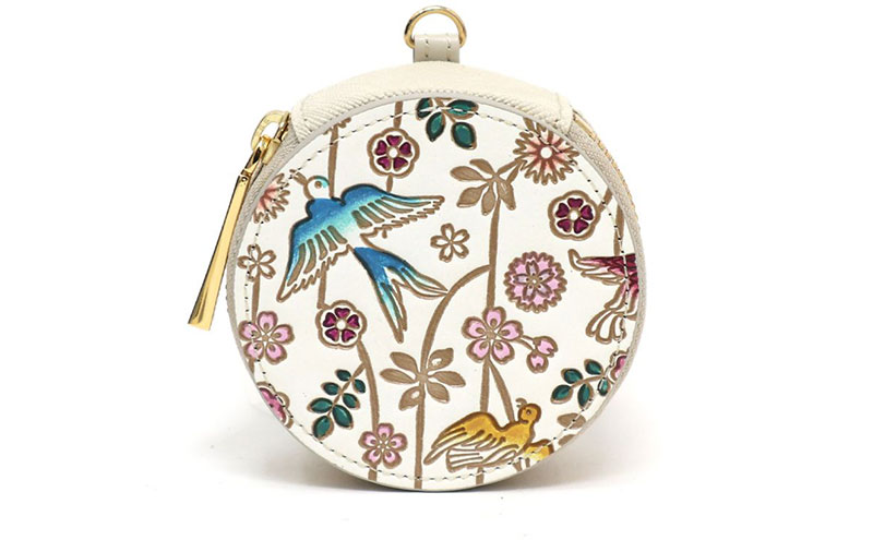 【文庫屋大関】マカロンポーチ 枝垂れ花鳥【皮革工芸品】 ポーチ ミニポーチ 小物入れ アクセサリー入れ イヤホン入れ 収納 保管ケース 手のひらサイズ  本革 革 皮革 工芸品 工芸 雑貨 ギフト プレゼント 日本製 東京
