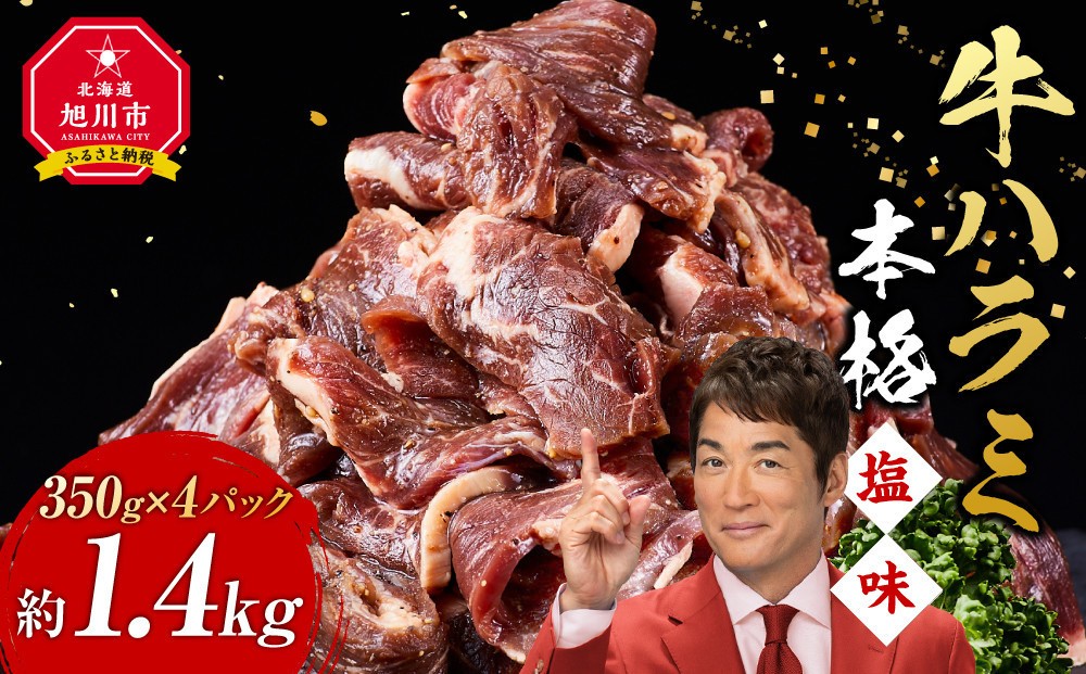 
            牛ハラミ1.4kg(350g×4)（本格塩味）【 牛肉 お肉 焼肉 焼き肉 やきにく タレ 漬け 付き 味付き にく 小分け 個包装 冷凍 セット BBQ アウトドア キャンプ 人気 大容量 大量 北海道 簡単調理 焼くだけ ハラミ 牛ハラミ お取り寄せ 旭川市 北海道 】_5076
          