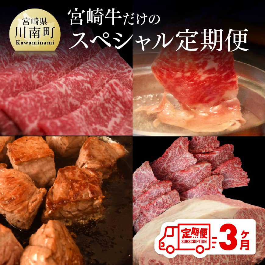 【ふるさと納税】 【定期便】 宮崎牛だけの スペシャル便 3ヶ月コース - 肉 牛肉 ステーキ 焼肉 スライス モモ ヒレ ロース バラ カルビ オリジナルタレ 月替わり 全3回 九州産 宮崎県産 送料無料 G7428