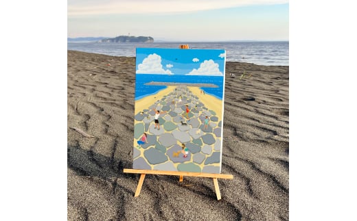 湘南・茅ヶ崎で描く、海を感じるイラストアート 『 湘南ランドスケープ03：茅ヶ崎　ヘッドランド 』　キャンバスアートパネル（中） /絵画 風景 犬 猫